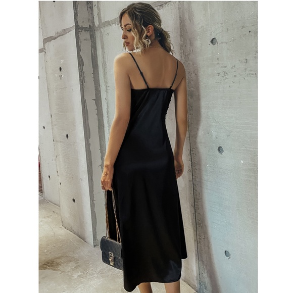 Black Satin Cami High Slit Midi Dress - Picture 3 of 10